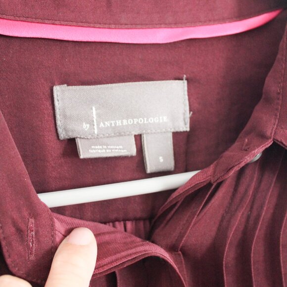 Anthropologie Burgundy Pleated Long Sleeve Button Down - Size Small - Picture 2 of 5